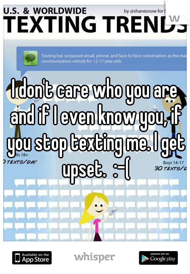 I don't care who you are and if I even know you, if you stop texting me. I get upset.  :-(