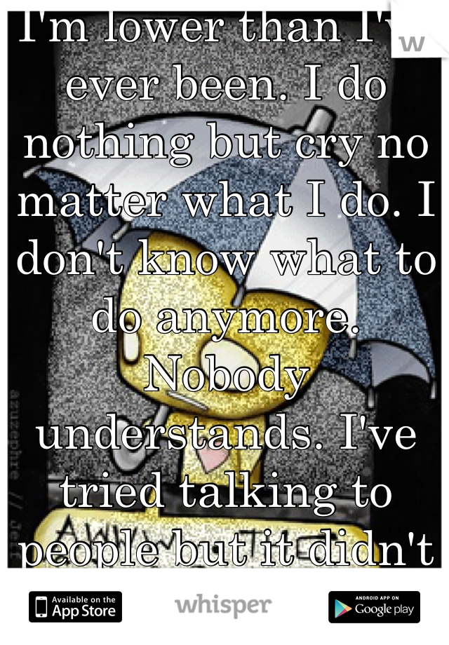 I'm lower than I've ever been. I do nothing but cry no matter what I do. I don't know what to do anymore. Nobody understands. I've tried talking to people but it didn't work. I'm so so alone. 