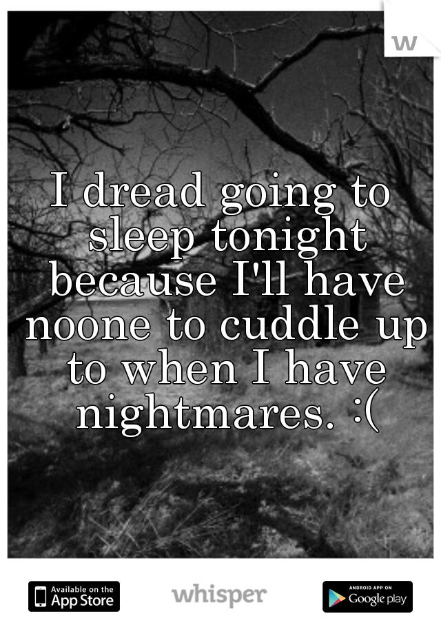 I dread going to sleep tonight because I'll have noone to cuddle up to when I have nightmares. :(