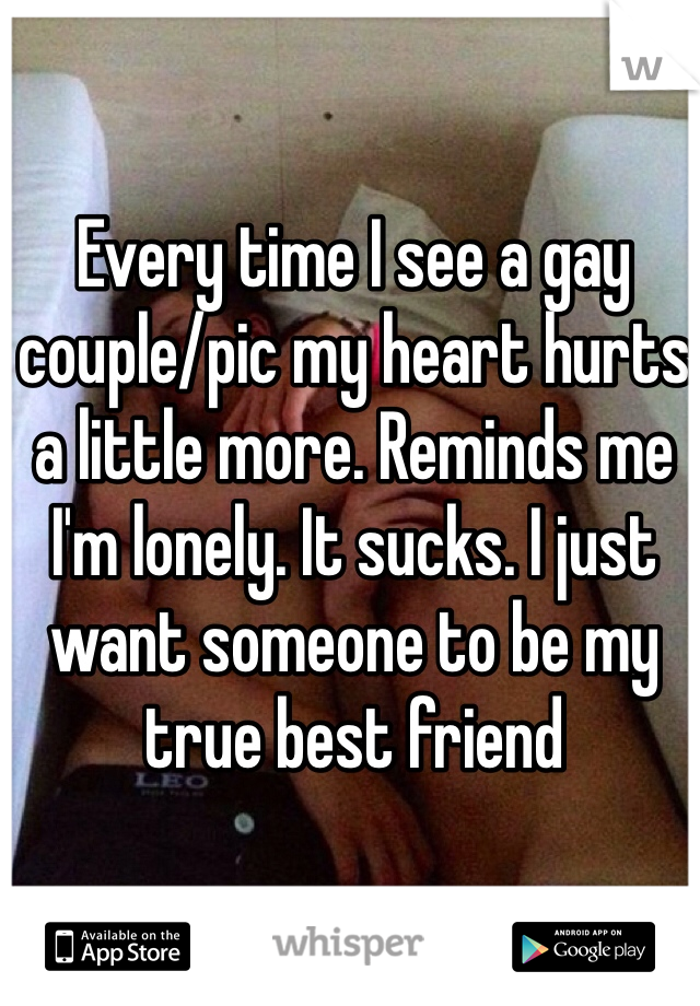 Every time I see a gay couple/pic my heart hurts a little more. Reminds me I'm lonely. It sucks. I just want someone to be my true best friend 