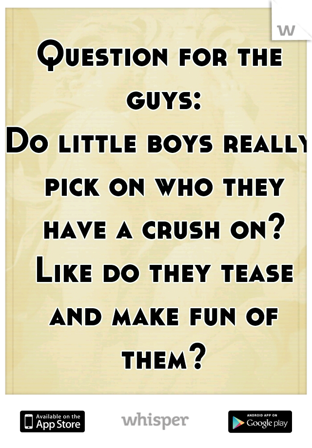 Question for the guys:
Do little boys really pick on who they have a crush on? Like do they tease and make fun of them?
  