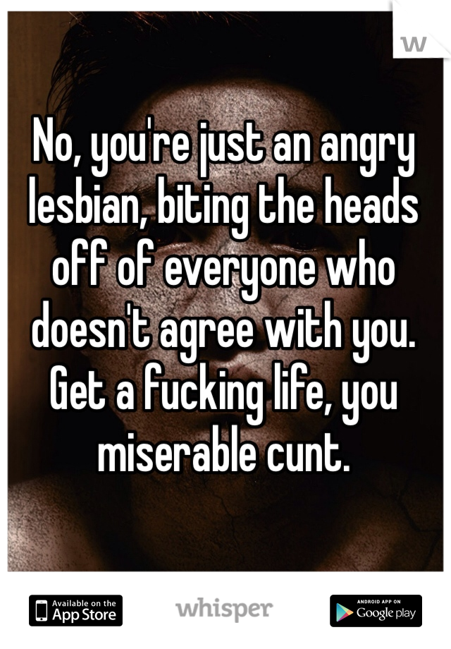 No, you're just an angry lesbian, biting the heads off of everyone who doesn't agree with you. Get a fucking life, you miserable cunt.