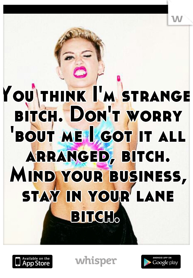 You think I'm strange bitch. Don't worry 'bout me I got it all arranged, bitch. Mind your business, stay in your lane bitch. 