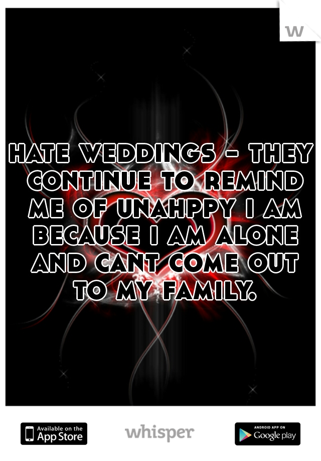 hate weddings - they continue to remind me of unahppy i am because i am alone and cant come out to my family.