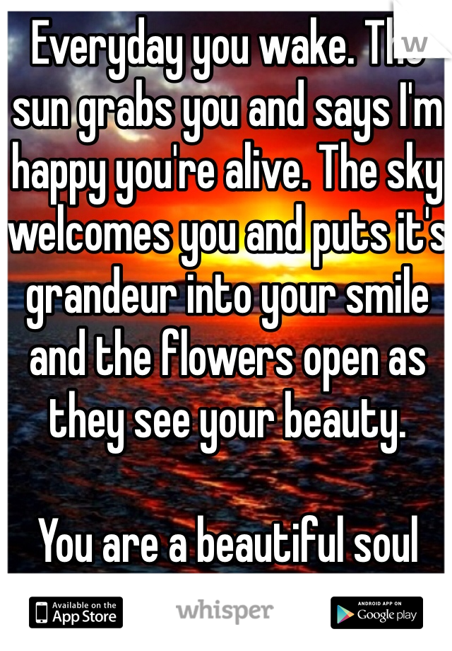 Everyday you wake. The sun grabs you and says I'm happy you're alive. The sky welcomes you and puts it's grandeur into your smile and the flowers open as they see your beauty. 

You are a beautiful soul
Yea I'm a guy get over it