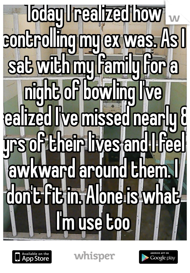 Today I realized how controlling my ex was. As I sat with my family for a night of bowling I've realized I've missed nearly 8 yrs of their lives and I feel awkward around them. I don't fit in. Alone is what I'm use too