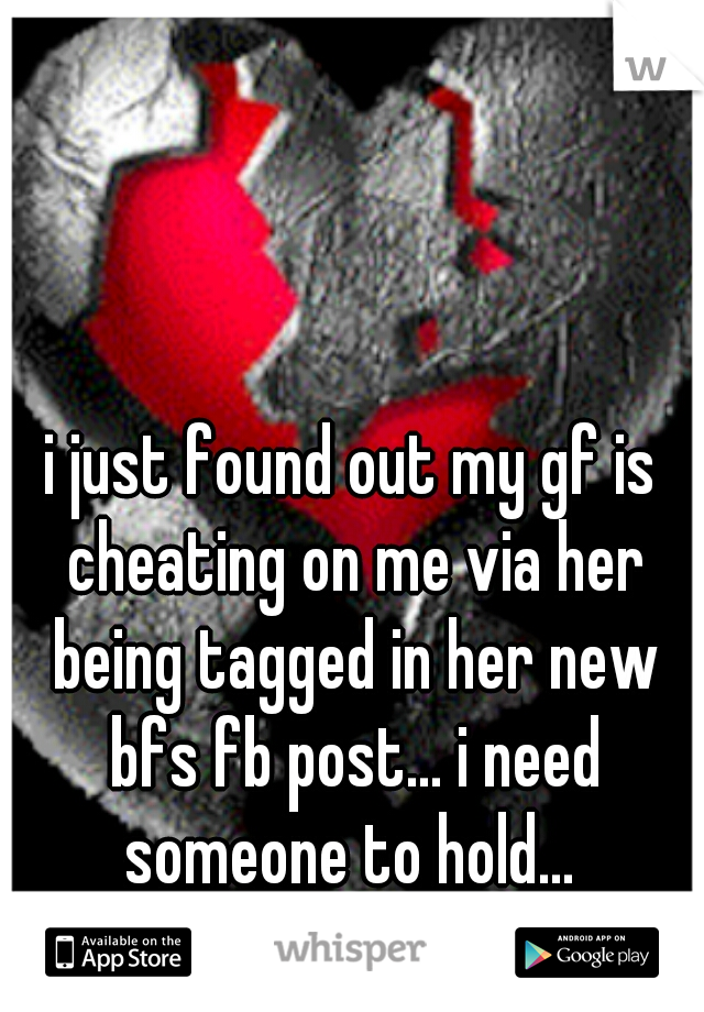 i just found out my gf is cheating on me via her being tagged in her new bfs fb post... i need someone to hold... 