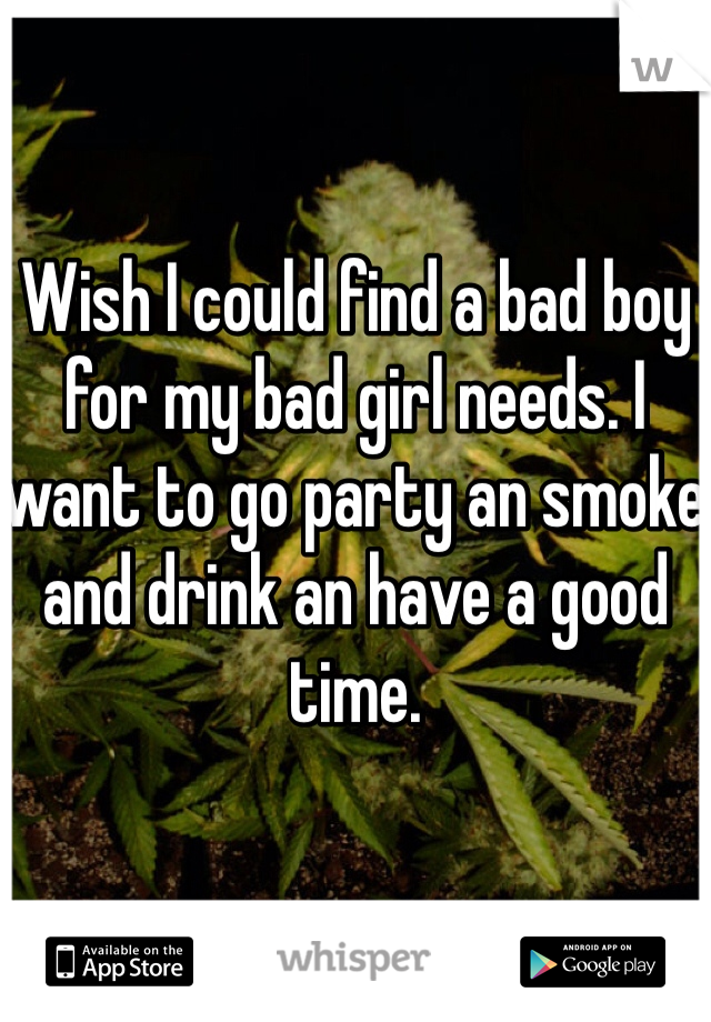 Wish I could find a bad boy for my bad girl needs. I want to go party an smoke and drink an have a good time.  