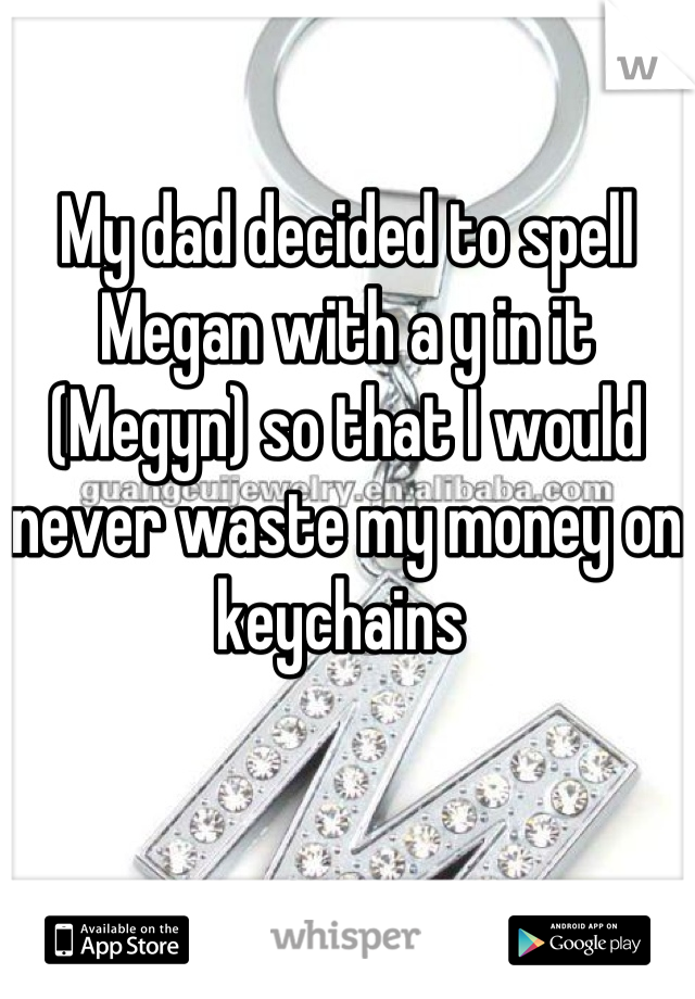 My dad decided to spell Megan with a y in it (Megyn) so that I would never waste my money on keychains 
