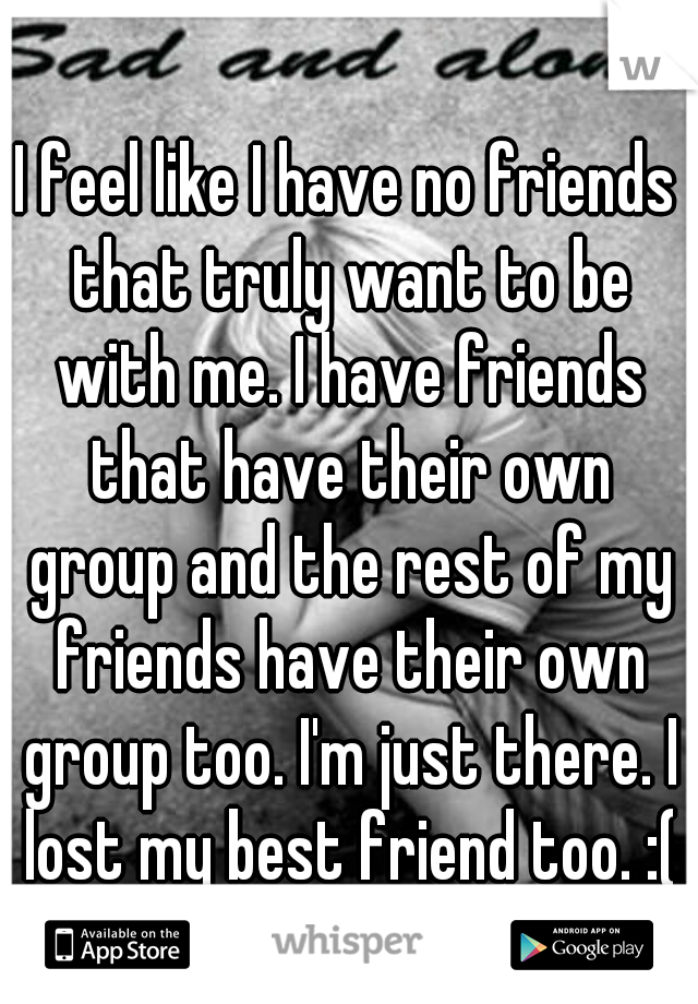 I feel like I have no friends that truly want to be with me. I have friends that have their own group and the rest of my friends have their own group too. I'm just there. I lost my best friend too. :(