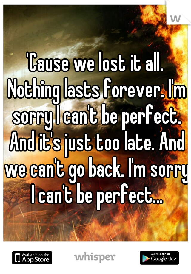 'Cause we lost it all. Nothing lasts forever. I'm sorry I can't be perfect. And it's just too late. And we can't go back. I'm sorry I can't be perfect...