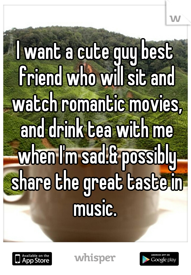 I want a cute guy best friend who will sit and watch romantic movies, and drink tea with me when I'm sad.& possibly share the great taste in music. 