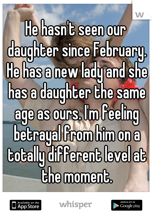 He hasn't seen our daughter since February. He has a new lady and she has a daughter the same age as ours. I'm feeling betrayal from him on a totally different level at the moment.