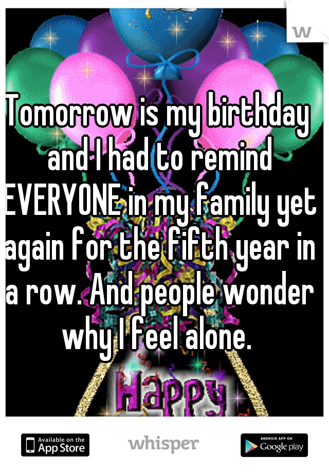 Tomorrow is my birthday and I had to remind EVERYONE in my family yet again for the fifth year in a row. And people wonder why I feel alone. 