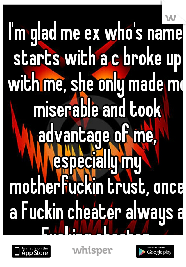 I'm glad me ex who's name starts with a c broke up with me, she only made me miserable and took advantage of me, especially my motherfuckin trust, once a Fuckin cheater always a Fucking cheater 