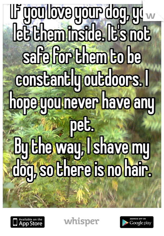 If you love your dog, you let them inside. It's not safe for them to be constantly outdoors. I hope you never have any pet. 
By the way, I shave my dog, so there is no hair. 
