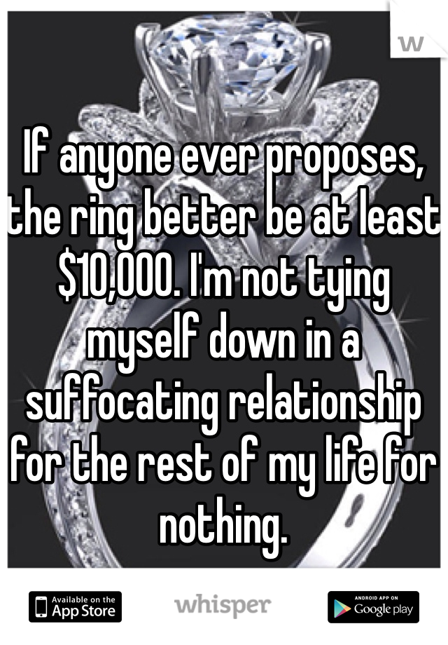 

If anyone ever proposes, the ring better be at least $10,000. I'm not tying myself down in a suffocating relationship for the rest of my life for nothing.