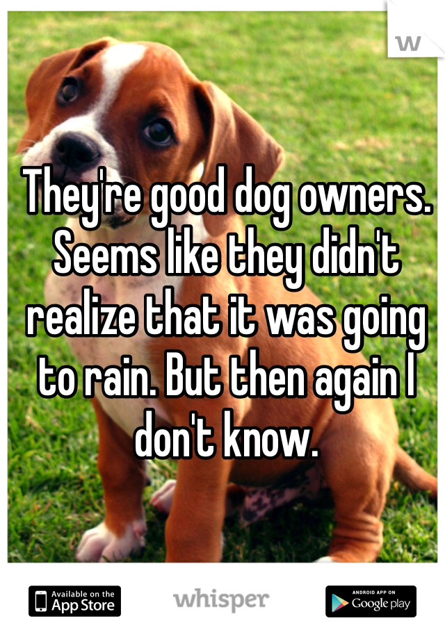 They're good dog owners. Seems like they didn't realize that it was going to rain. But then again I don't know. 