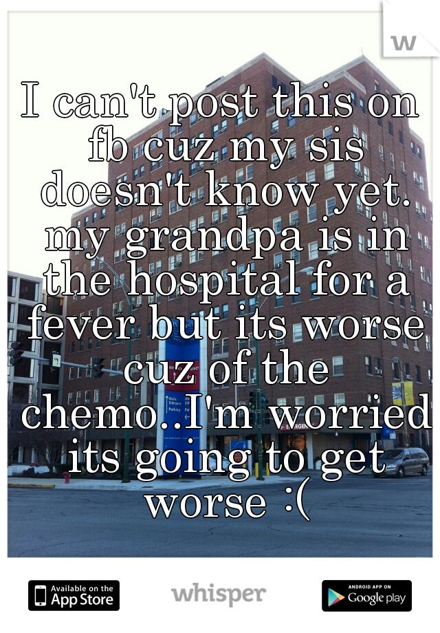 I can't post this on fb cuz my sis doesn't know yet. my grandpa is in the hospital for a fever but its worse cuz of the chemo..I'm worried its going to get worse :(