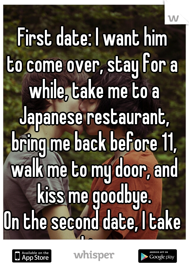 First date: I want him
to come over, stay for a while, take me to a Japanese restaurant, bring me back before 11, walk me to my door, and kiss me goodbye.
On the second date, I take him.