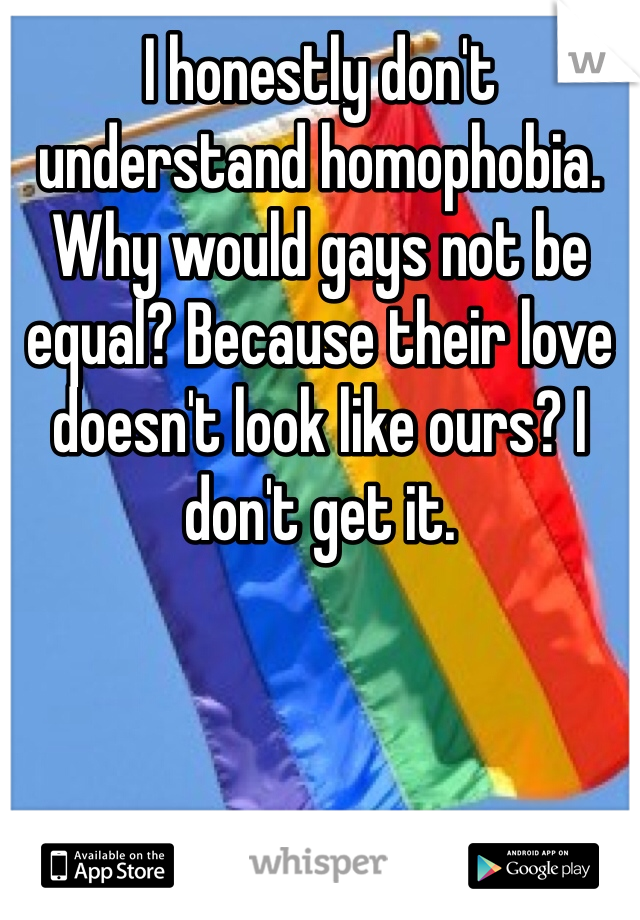 I honestly don't understand homophobia. Why would gays not be equal? Because their love doesn't look like ours? I don't get it. 