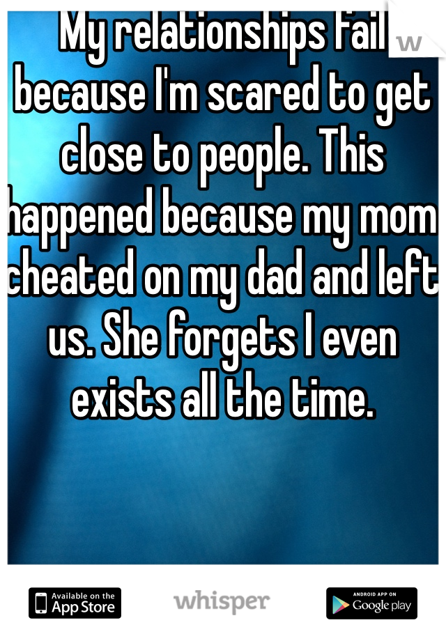 My relationships fail because I'm scared to get close to people. This happened because my mom cheated on my dad and left us. She forgets I even exists all the time. 