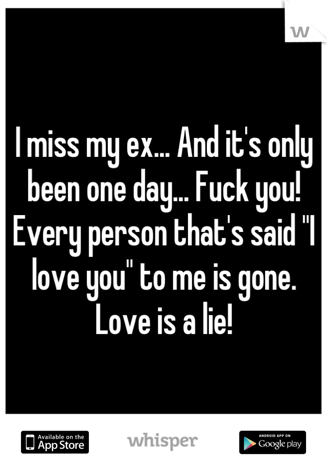 I miss my ex... And it's only been one day... Fuck you! 
Every person that's said "I love you" to me is gone. Love is a lie!
