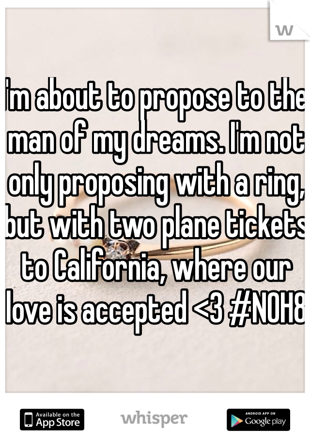I'm about to propose to the man of my dreams. I'm not only proposing with a ring, but with two plane tickets to California, where our love is accepted <3 #NOH8