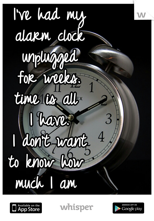 I've had my
alarm clock
unplugged
for weeks.
time is all 
I have.
I don't want
to know how 
much I am 
wasting. 