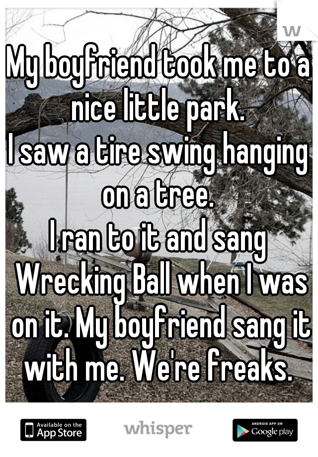 My boyfriend took me to a nice little park. 
I saw a tire swing hanging on a tree. 
I ran to it and sang Wrecking Ball when I was on it. My boyfriend sang it with me. We're freaks. 