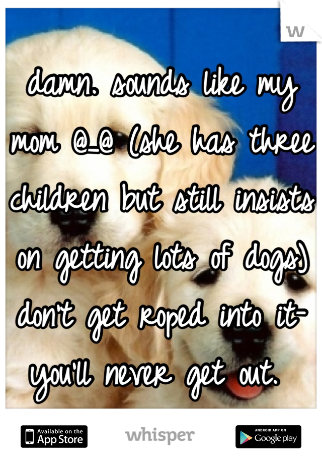 damn. sounds like my mom @_@ (she has three children but still insists on getting lots of dogs) don't get roped into it- you'll never get out. 
