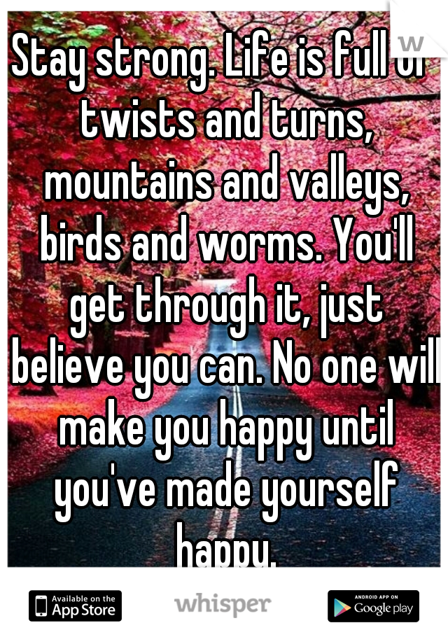 Stay strong. Life is full of twists and turns, mountains and valleys, birds and worms. You'll get through it, just believe you can. No one will make you happy until you've made yourself happy.