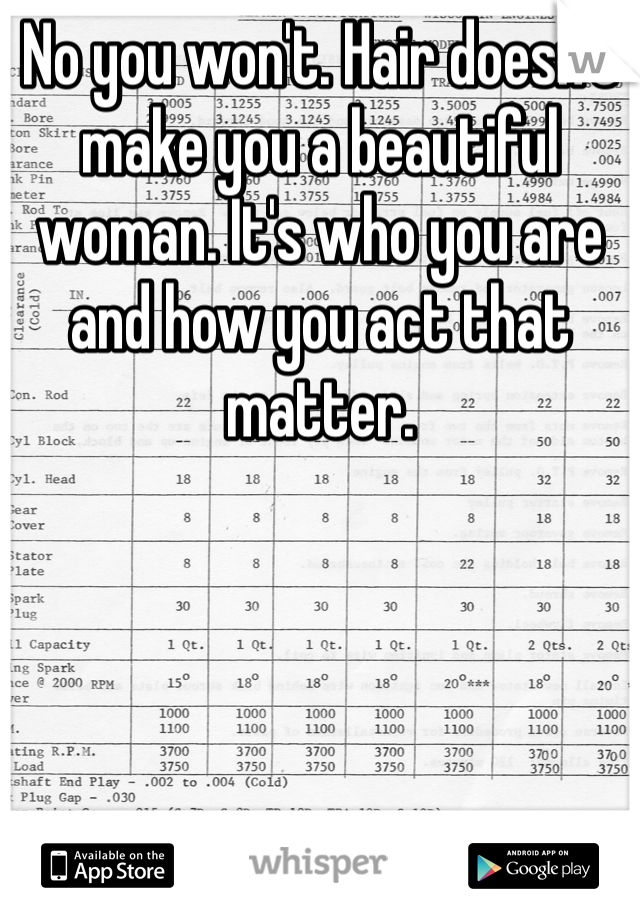 No you won't. Hair doesn't make you a beautiful woman. It's who you are and how you act that matter. 