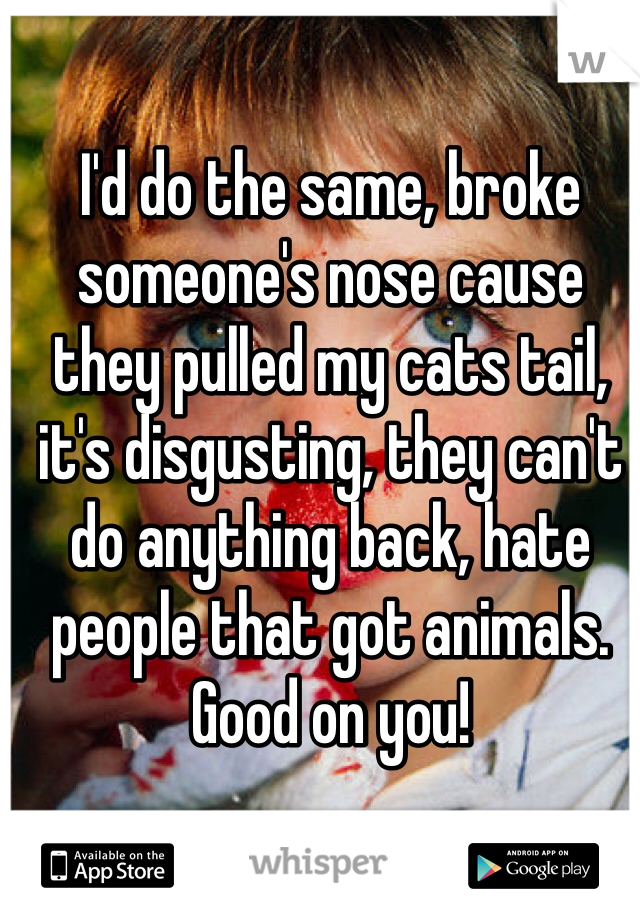 I'd do the same, broke someone's nose cause they pulled my cats tail, it's disgusting, they can't do anything back, hate people that got animals. Good on you!