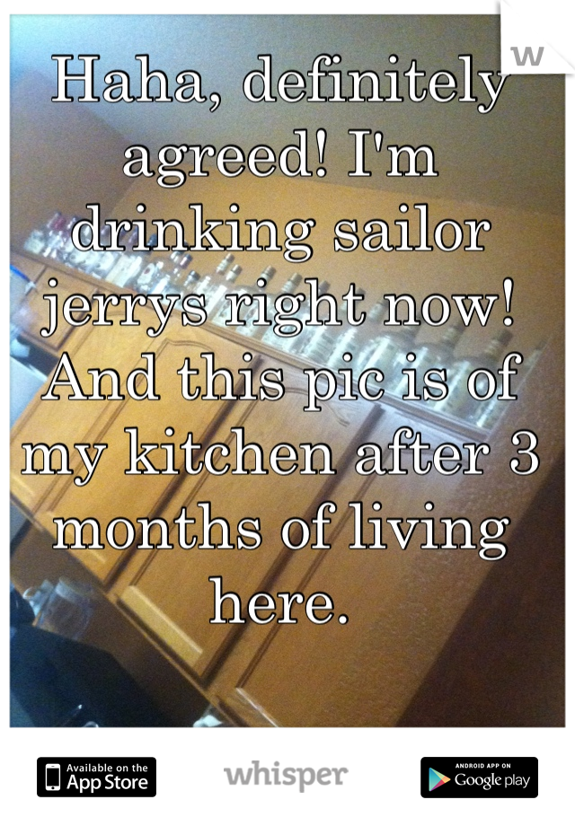 Haha, definitely agreed! I'm drinking sailor jerrys right now! And this pic is of my kitchen after 3 months of living here.