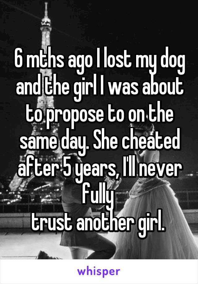 6 mths ago I lost my dog and the girl I was about to propose to on the same day. She cheated after 5 years, I'll never fully 
trust another girl. 