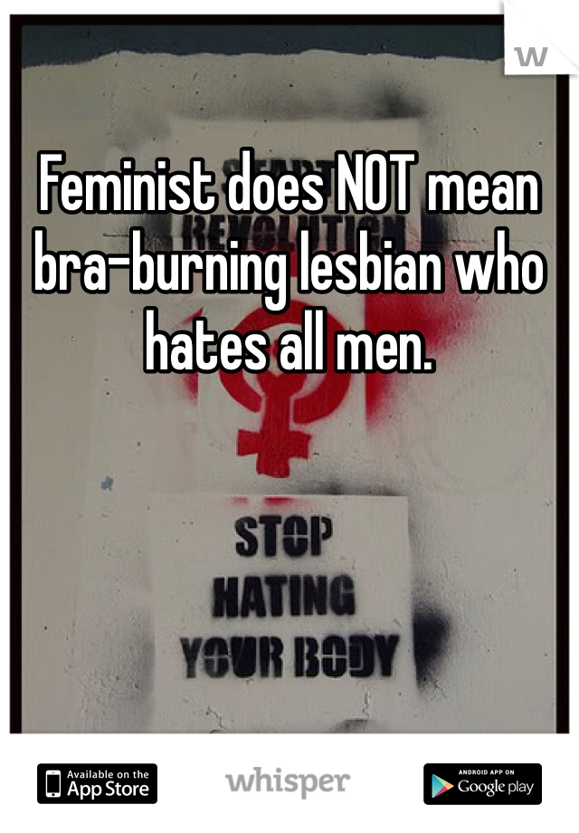 Feminist does NOT mean bra-burning lesbian who hates all men.