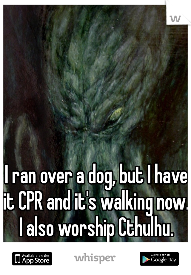 I ran over a dog, but I have it CPR and it's walking now. I also worship Cthulhu. CTHULHU!!!