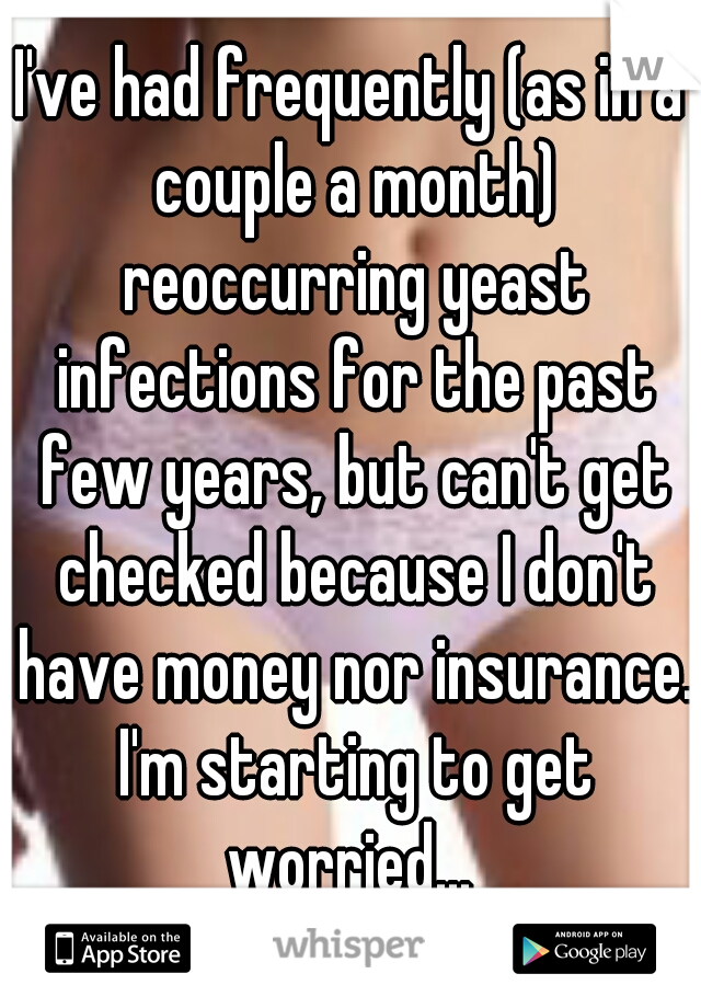 I've had frequently (as in a couple a month) reoccurring yeast infections for the past few years, but can't get checked because I don't have money nor insurance. I'm starting to get worried... 