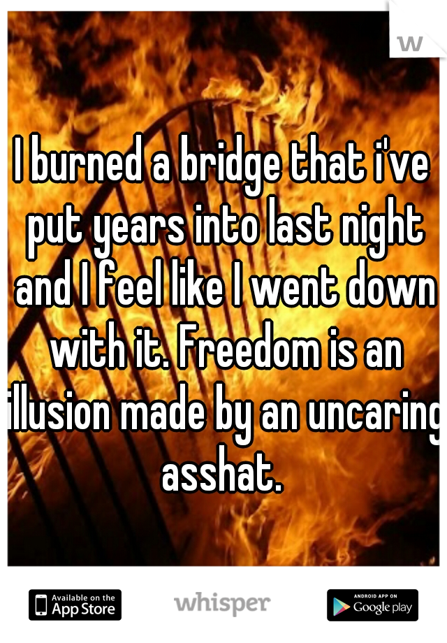 I burned a bridge that i've put years into last night and I feel like I went down with it. Freedom is an illusion made by an uncaring asshat. 