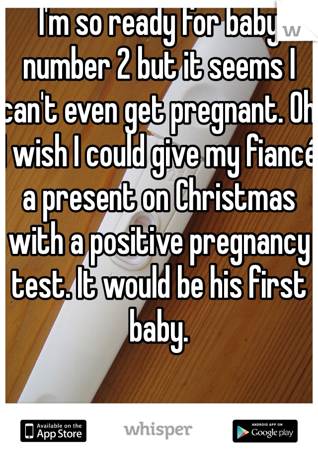 I'm so ready for baby number 2 but it seems I can't even get pregnant. Oh I wish I could give my fiancé a present on Christmas with a positive pregnancy test. It would be his first baby. 