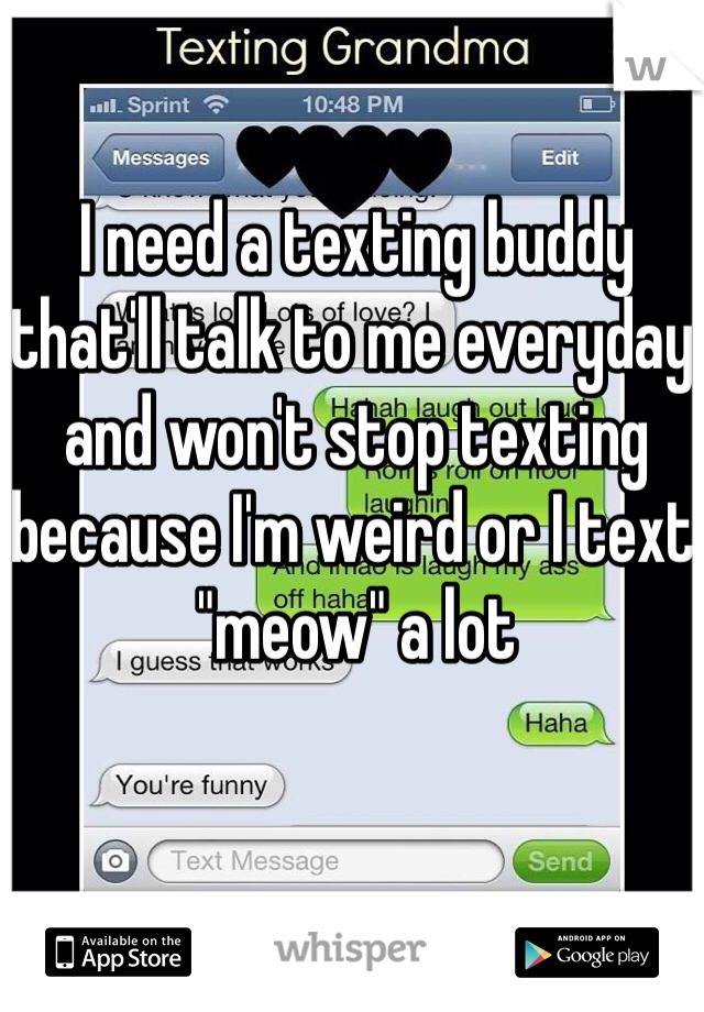 I need a texting buddy that'll talk to me everyday and won't stop texting because I'm weird or I text "meow" a lot