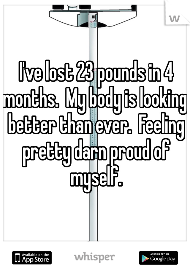 I've lost 23 pounds in 4 months.  My body is looking better than ever.  Feeling pretty darn proud of myself.