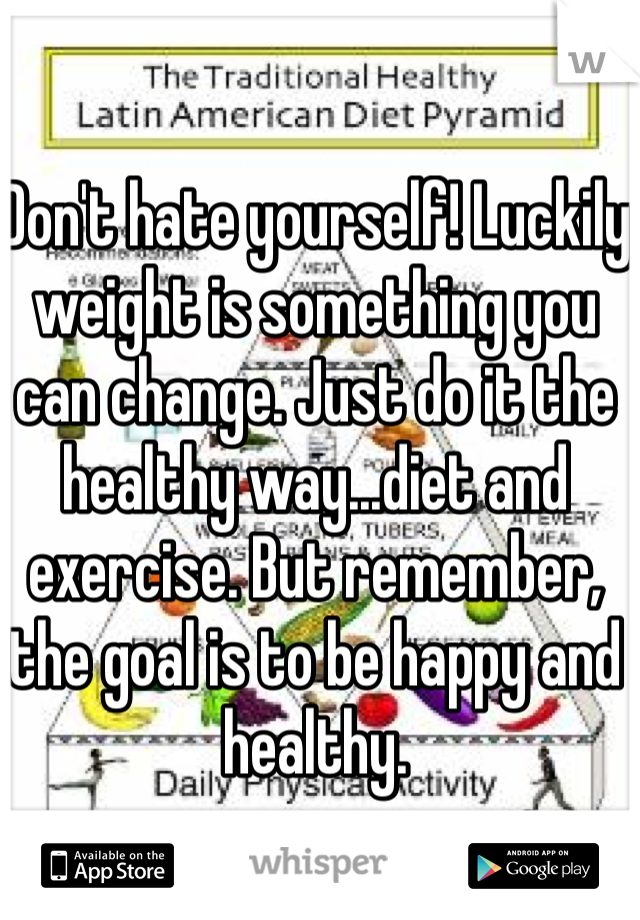 Don't hate yourself! Luckily weight is something you can change. Just do it the healthy way...diet and exercise. But remember, the goal is to be happy and healthy.