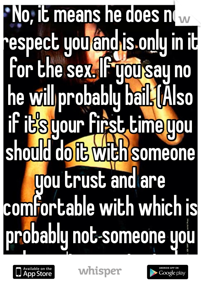 No, it means he does not respect you and is only in it for the sex. If you say no he will probably bail. (Also if it's your first time you should do it with someone you trust and are comfortable with which is probably not someone you haven't even started dating and is not committed to you)