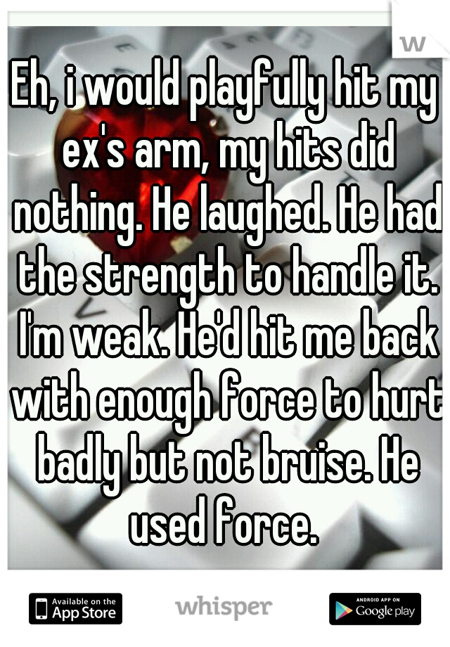 Eh, i would playfully hit my ex's arm, my hits did nothing. He laughed. He had the strength to handle it. I'm weak. He'd hit me back with enough force to hurt badly but not bruise. He used force. 