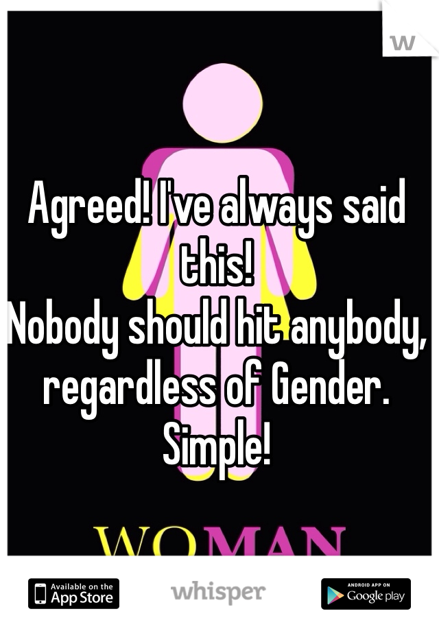 Agreed! I've always said this!
Nobody should hit anybody, regardless of Gender.
Simple!