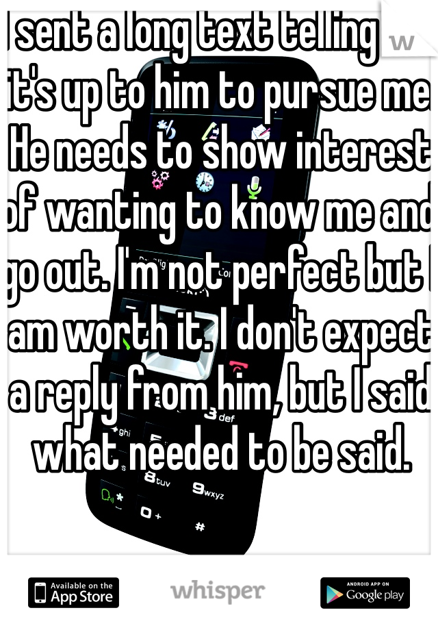 I sent a long text telling him it's up to him to pursue me. He needs to show interest of wanting to know me and go out. I'm not perfect but I am worth it. I don't expect a reply from him, but I said what needed to be said.
