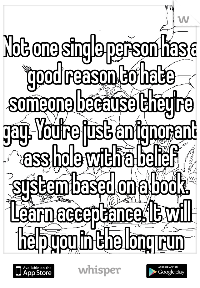 Not one single person has a good reason to hate someone because they're gay. You're just an ignorant ass hole with a belief system based on a book. Learn acceptance. It will help you in the long run