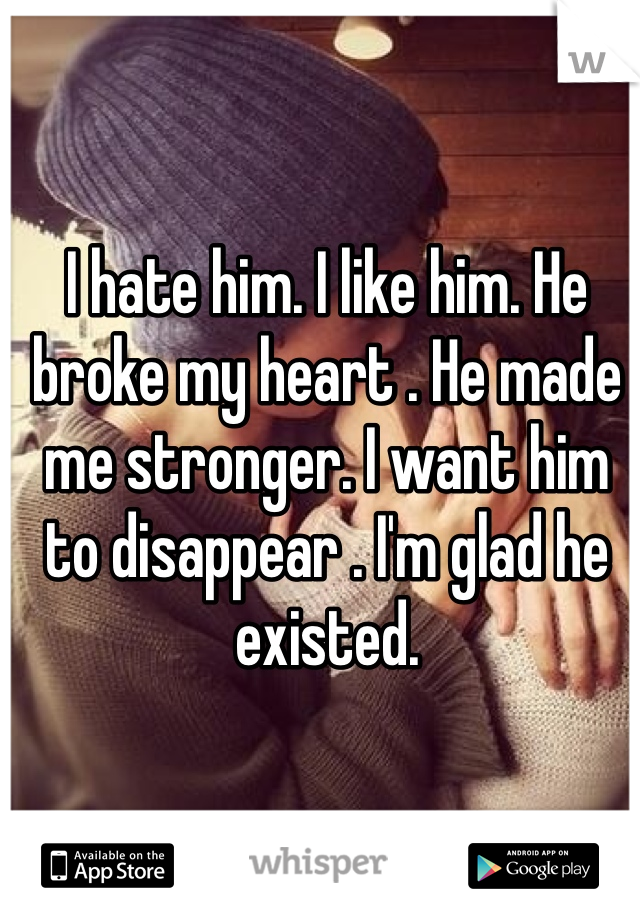 I hate him. I like him. He broke my heart . He made me stronger. I want him to disappear . I'm glad he existed. 
